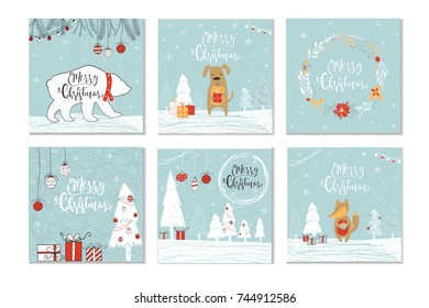 Set of 6 cute Christmas gift cards with lettering quote Merry Christmas, merry and bright, warm wishes, magic moments. Easy editable template. Cute  illustration for postcard, poster, t-shirt, banner.