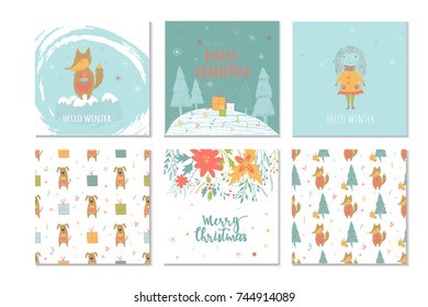 Set of 6 cute Christmas gift cards with lettering Merry Christmas and patterns. Easy editable template. Cute  illustration for card, poster, t-shirt, banner. New Year design elements.