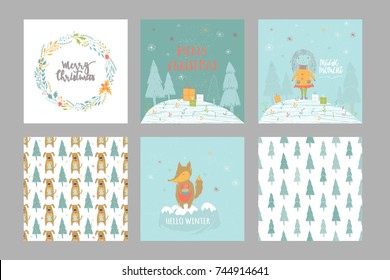 Set of 6 cute Christmas gift cards with lettering Merry Christmas and patterns. Easy editable template. Cute  illustration for card, poster, t-shirt, banner. New Year design elements.