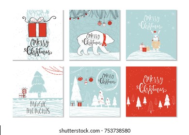 Set of 6 cute Christmas gift cards with quote Merry Christmas, merry and bright, warm wishes, magic moments. Easy editable template. Cute  illustration for card, poster, t-shirt, banner.