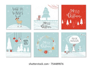 Set of 6 cute Christmas gift cards with quote Merry Christmas, merry and bright, warm wishes, magic moments. Easy editable template. Cute  illustration for card, poster, t-shirt, banner.