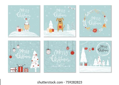 Set of 6 cute Christmas gift cards with quote Merry Christmas, merry and bright, warm wishes, magic moments. Easy editable template. Cute  illustration for card, poster, t-shirt, banner.