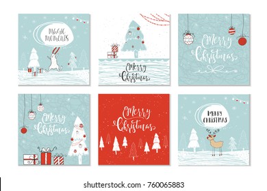 Set of 6 cute Christmas gift cards with quote Merry Christmas, merry and bright, warm wishes, magic moments. Easy editable template. Cute  illustration for card, poster, t-shirt, banner.