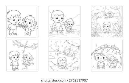 Set of 6 cute coloring pages featuring a little boy and baby monkey playing, exploring, and sleeping. Perfect line art vector illustrations for kids.