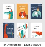 Set of 6 cute creative cards templates with birthday theme design in red, green, blue colors. Vector illustration. Hand drawn card for birthday, anniversary, party invitations, scrapbook. 