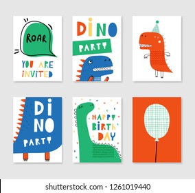 Set of 6 cute creative cards templates with dino. Vector illustration. Hand Drawn card for birthday, anniversary, party invitations, scrapbooking. Red, green, blue