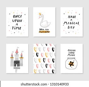 Set of 6 cute creative cards templates with magic theme design in gray, pink and yellow colors. Vector illustration. Hand drawn card for birthday, anniversary, party invitations, scrapbook.