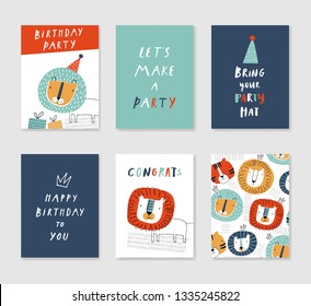 Set of 6 cute creative cards templates with birthday theme design in red, green, blue colors. Vector illustration. Hand drawn card for birthday, anniversary, party invitations, scrapbook. 