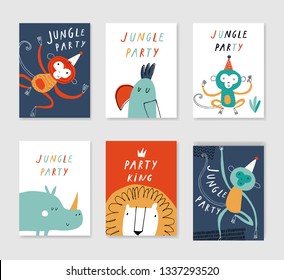 Set of 6 cute creative cards templates with jungle party theme design in red, green, blue colors. Vector illustration. Hand drawn card for birthday, anniversary, party invitations, scrapbook. 