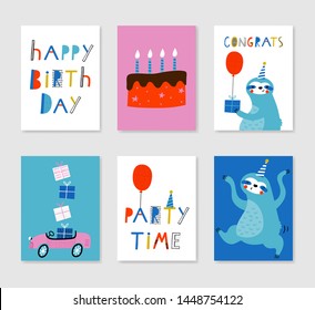 Set of 6 cute creative cards templates with sloths. Vector illustration. Hand Drawn card for birthday, anniversary, party invitations, scrapbooking. Pink, blue, red