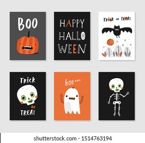 Set of 6 cute creative cards templates for Halloween. Vector illustration in orange and black colours. Hand drawn card for birthday, anniversary, party invitations, scrapbook.