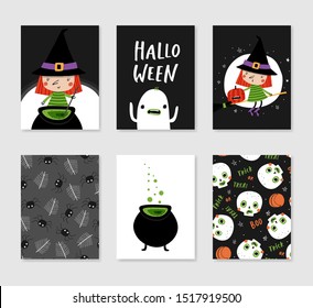 Set of 6 cute creative cards templates for Halloween. Vector illustration in orange and black colours. Hand drawn card for birthday, anniversary, party invitations, scrapbook.