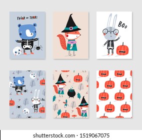 Set of 6 cute creative cards templates for Halloween. Vector illustration in orange and black colours. Hand drawn card for birthday, anniversary, party invitations, scrapbook.