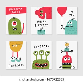 Set of 6 cute creative cards templates with monsters. Vector illustration. Hand Drawn card for birthday, anniversary, party invitations, scrapbooking. Red, green, blue