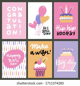 Set of 6 cute creative cards templates with Happy birthday theme design. Hand Drawn card for anniversary, party invitations, scrapbooking. Vector flat hand drawn illustration with lettering.