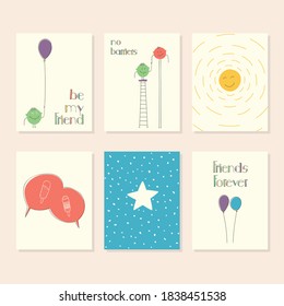 Set von 6 Cute Creative Cards Vorlagen mit freundem Design. Handgezeichnete Karte zum Jubiläum, Geburtstag, Partyeinladungen. Vektorgrafik.