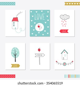 Set of 6 cute creative cards templates. Love theme design. Hand Drawn card for wedding, anniversary, birthday, Valentine's day, party invitations. Blue, pink, black and gold. Vector illustration.