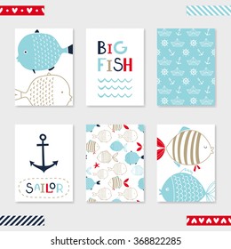 Set of 6 cute creative cards templates with marine theme design. Hand Drawn card for birthday, anniversary, party invitations, scrapbooking,. Vector illustration. Red, blue and beige