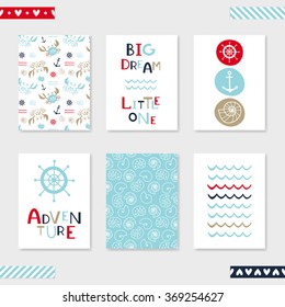 Set of 6 cute creative cards templates with marine theme design. Hand Drawn card for birthday, anniversary, party invitations, scrapbooking. Red, blue and beige. Vector illustration.