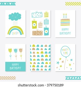 Set of 6 cute creative cards templates with Happy birthday theme design. Hand Drawn card for birthday, anniversary, party invitations, scrapbooking,. Vector illustration. Blue, green and beige