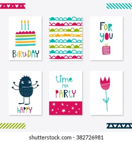 Set of 6 cute creative cards templates with monsters. Vector illustration. Hand Drawn card for birthday, anniversary, party invitations, scrapbooking. Pink, green and turquoise