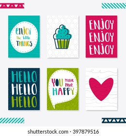 Set of 6 cute creative cards templates with lettering. Vector illustration. Hand Drawn card for birthday, anniversary, party invitations, scrapbook. Pink, green and turquoise