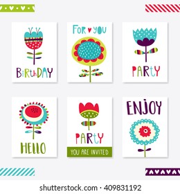 Set of 6 cute creative cards templates with flower theme design. Vector illustration. Hand Drawn card for birthday, anniversary, party invitations, scrapbooking. Turquoise, red, green, purple.