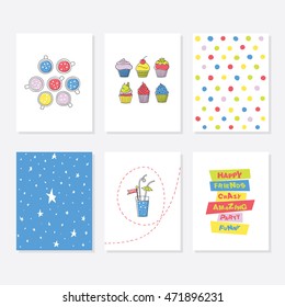 Set of 6 Cute Creative Cards Templates With Autumn Theme Design. Hand Drawn Card For Anniversary, Birthday, Party Invitations. Vector illustration With Cocktails, Drinks, Muffins.