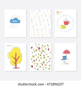 Set of 6 Cute Creative Cards Templates With Autumn Theme Design. Hand Drawn Card For Anniversary, Birthday, Party Invitations. Vector illustration With Cloud, Rainbow, Tree, Tea, Umbrella.