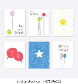 Set of 6 Cute Creative Cards Templates With Autumn Theme Design. Hand Drawn Card For Anniversary, Birthday, Party Invitations. Vector illustration With Balloons, Ice Creams, Stars.