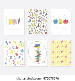 Set of 6 Cute Creative Cards Templates With School And Autumn Theme Design. Hand Drawn Card For Anniversary, Birthday, Party Invitations. Vector Illustration With School Supplies, Stack of Books.