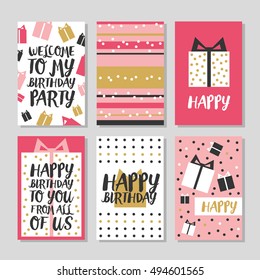 Set of 6 cute creative cards templates with Happy birthday theme design. Hand Drawn card for birthday, anniversary, party invitations, scrapbooking. Vector illustration.