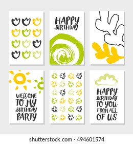 Set of 6 cute creative cards templates with Happy birthday theme design. Hand Drawn card for birthday, anniversary, party invitations, scrapbooking. Vector illustration.