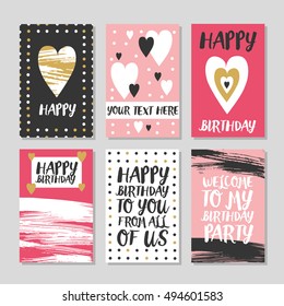 Set of 6 cute creative cards templates with Happy birthday theme design. Hand Drawn card for birthday, anniversary, party invitations, scrapbooking. Vector illustration.