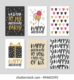 Set of 6 cute creative cards templates with Happy birthday theme design. Hand Drawn card for birthday, anniversary, party invitations, scrapbooking. Vector illustration.