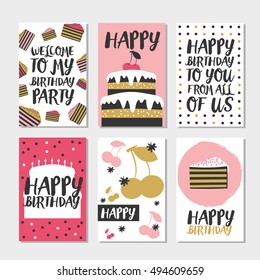 Set of 6 cute creative cards templates with Happy birthday theme design. Hand Drawn card for anniversary, party invitations, scrapbooking. Vector illustration.