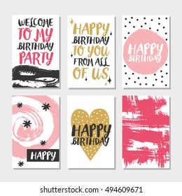 Set of 6 cute creative cards templates with Happy birthday theme design. Hand Drawn card for anniversary, party invitations, scrapbooking. Vector illustration.