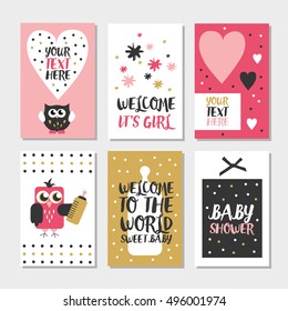 Set of 6 cute creative cards owl baby shower design. Hand Drawn card for party invitations, scrapbooking. Vector illustration

