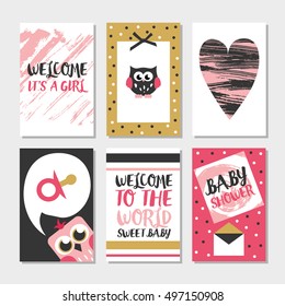 Set of 6 cute creative cards owl baby shower design. Hand Drawn card for party invitations, scrapbooking. Vector illustration