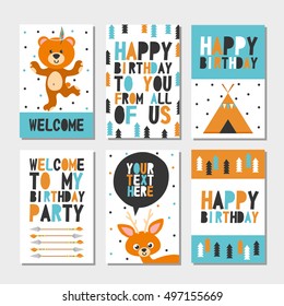 Set of 6 cute creative cards templates with Happy birthday theme design. Hand Drawn card for birthday, anniversary, party invitations, scrapbooking. Vector illustration.