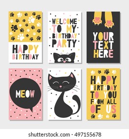 Set of 6 cute creative cards templates with Happy birthday theme design. Hand Drawn card for birthday, anniversary, party invitations, scrapbooking. Vector illustration.