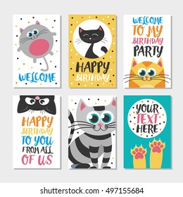 Set of 6 cute creative cards templates with Happy birthday theme design. Hand Drawn card for birthday, anniversary, party invitations, scrapbooking. Vector illustration.