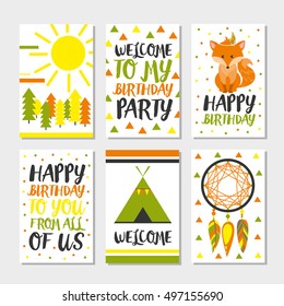 Set of 6 cute creative cards templates with Happy birthday theme design. Hand Drawn card for birthday, anniversary, party invitations, scrapbooking. Vector illustration.