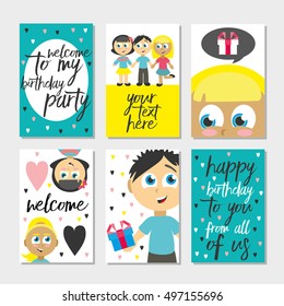 Set of 6 cute creative cards templates with Happy birthday theme design. Hand Drawn card for birthday, anniversary, party invitations, scrapbooking. Vector illustration.