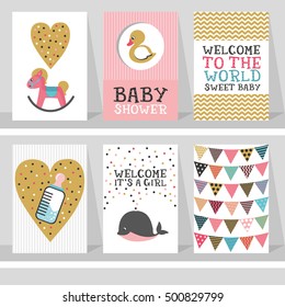 Set of 6 cute creative cards baby shower design. Vector illustration