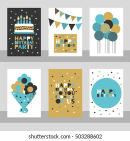 Set of 6 cute creative cards templates with Happy birthday theme design. Vector illustration.