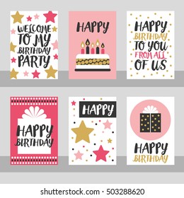 Set of 6 cute creative cards templates with Happy birthday theme design. Vector illustration.