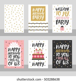 Set of 6 cute creative cards templates with Happy birthday theme design. Vector illustration.