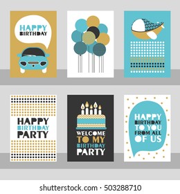 Set of 6 cute creative cards templates with Happy birthday theme design. Vector illustration.