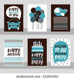 Set of 6 cute creative cards templates with Happy birthday theme design. Hand Drawn card for birthday, anniversary, party invitations, scrapbooking. Vector illustration